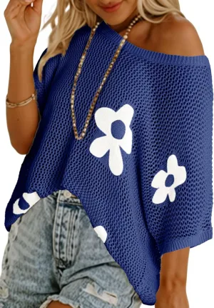 Dokotoo Womens Floral Fashion Summer Tops 2025 Short Sleeve Crochet Sweaters Swimsuit Cover Ups Lightweight Knit Pullover