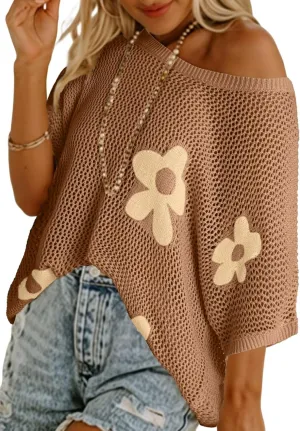 Dokotoo Womens Floral Fashion Summer Tops 2025 Short Sleeve Crochet Sweaters Swimsuit Cover Ups Lightweight Knit Pullover