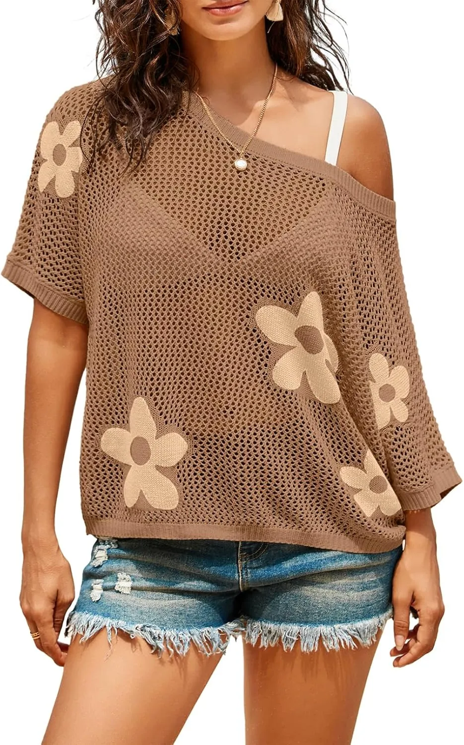 Dokotoo Womens Floral Fashion Summer Tops 2025 Short Sleeve Crochet Sweaters Swimsuit Cover Ups Lightweight Knit Pullover