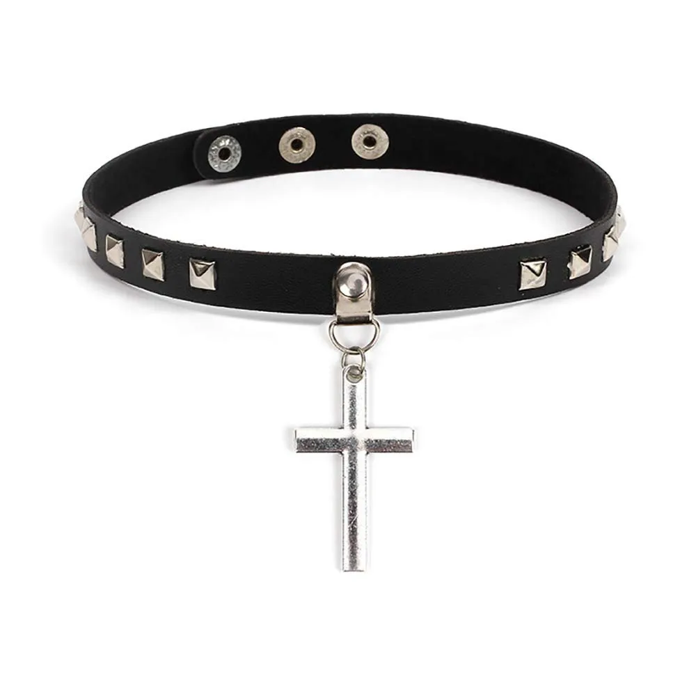 Doubnine Black Cross Pendant Choker Gothic Leather Rivet Jewelry Trendy Necklace Punk Collar Unisex Jewelry