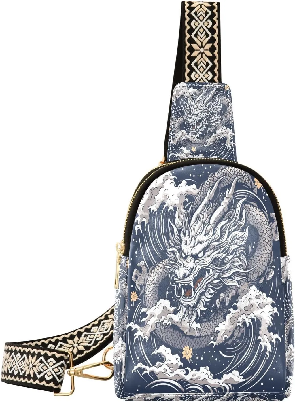 Dragon Fanny Pack Crossbody PC Leather Small Sling Bag for Women Hand Drawn Fashion Waist Packs Chest Bag for Travel Sports Running Hiking
