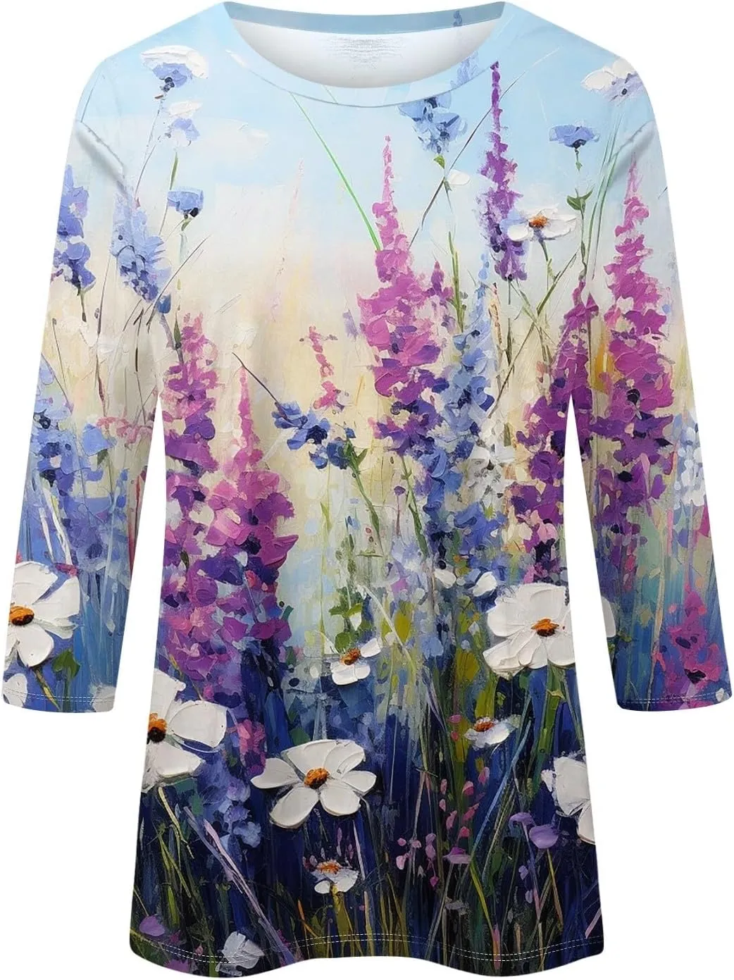 Dressy Tops for Women 2024 Elbow Sleeve T-Shirts Cotton Crew Neck Blouses Floral Print Loose Fit Dressy Summer Tops