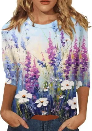 Dressy Tops for Women 2024 Elbow Sleeve T-Shirts Cotton Crew Neck Blouses Floral Print Loose Fit Dressy Summer Tops