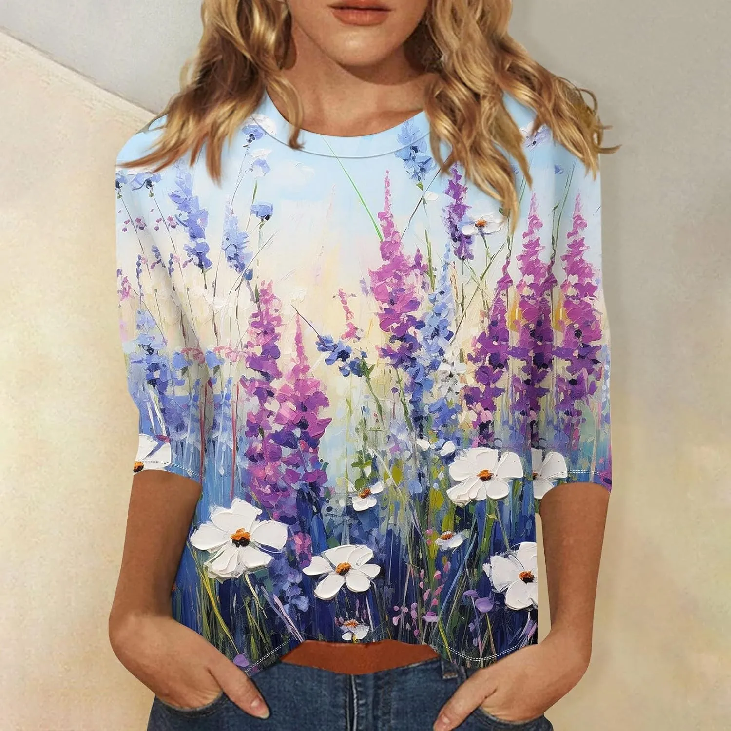 Dressy Tops for Women 2024 Elbow Sleeve T-Shirts Cotton Crew Neck Blouses Floral Print Loose Fit Dressy Summer Tops