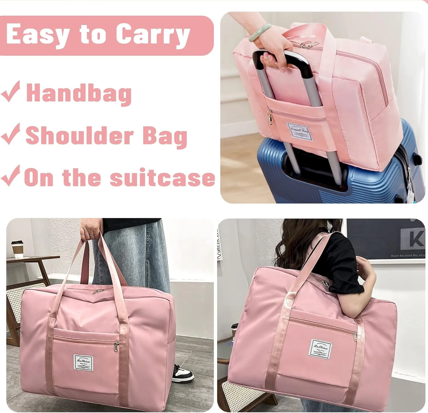 Duffel Bags for Traveling Women Sports Gym Tote Bag Water Resistant Travel Carry on Duffel Bag Weekend Overnight Bag (Pink)