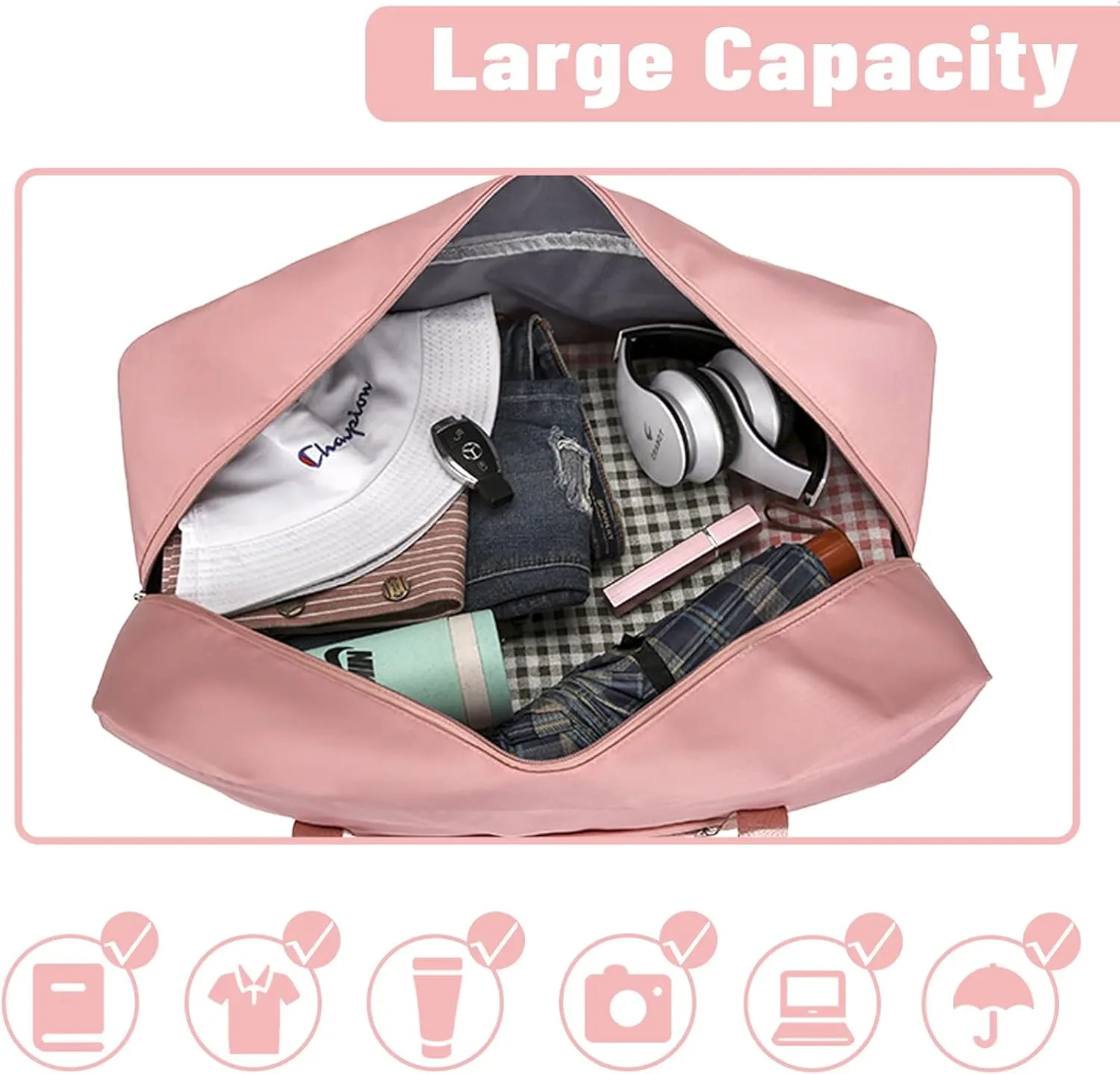 Duffel Bags for Traveling Women Sports Gym Tote Bag Water Resistant Travel Carry on Duffel Bag Weekend Overnight Bag (Pink)