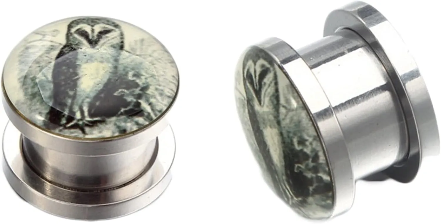 Ear Plugs Tunnels, Stainless Steel Piercing Jewelry Epoxy with Owl Pattern Plugs Ear Piercing Jewelry