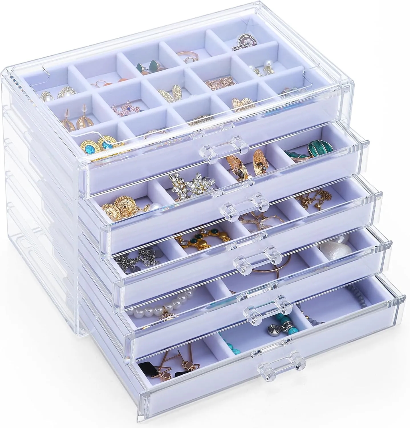 Earring Holder Organizer Box with 5 Drawers, Clear Acrylic Jewelry Organizer for Women Girls, Jewelry Storage with Stackable Jewelry Trays for Earring Ring Bracelet Necklace, White