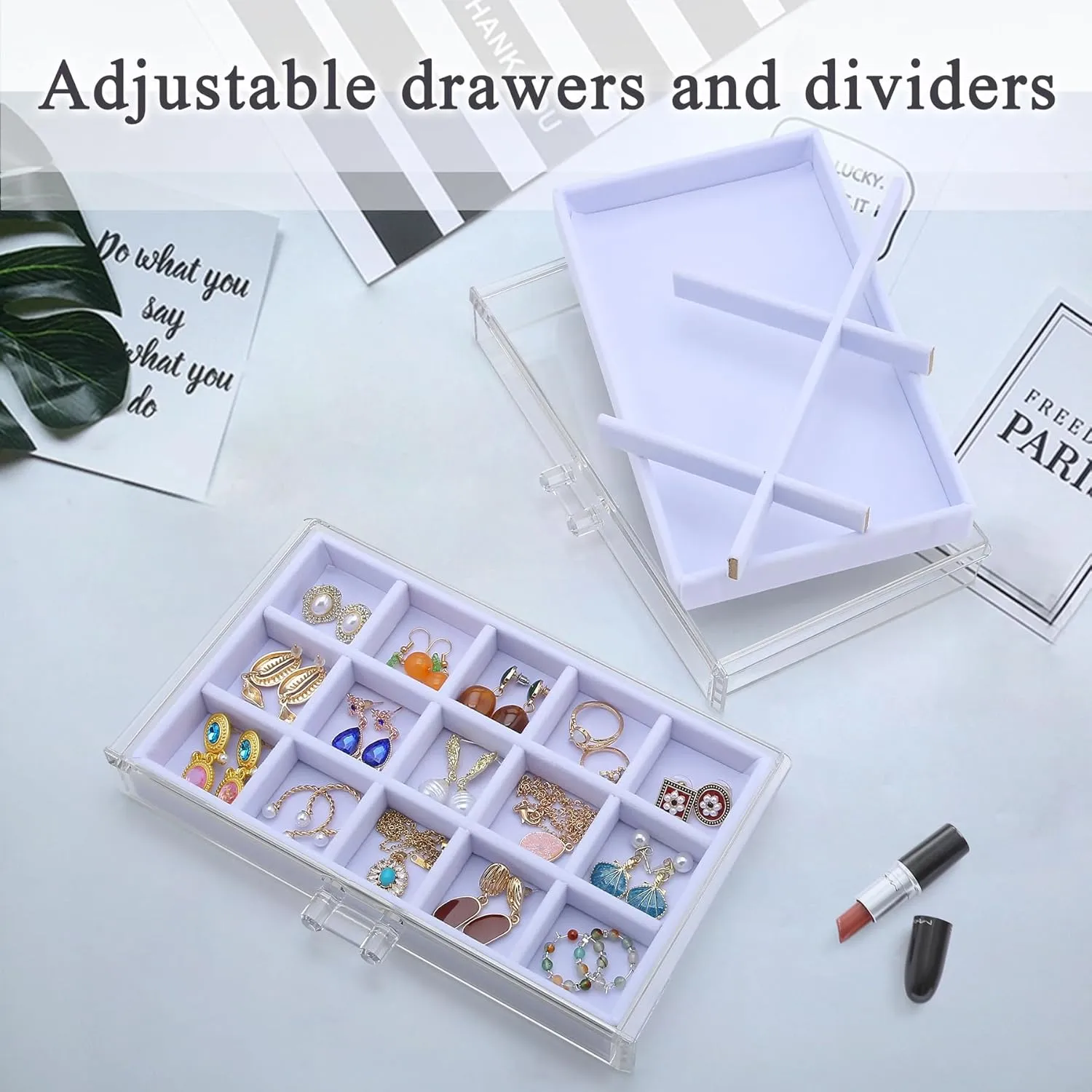 Earring Holder Organizer Box with 5 Drawers, Clear Acrylic Jewelry Organizer for Women Girls, Jewelry Storage with Stackable Jewelry Trays for Earring Ring Bracelet Necklace, White