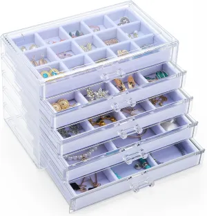Earring Holder Organizer Box with 5 Drawers, Clear Acrylic Jewelry Organizer for Women Girls, Jewelry Storage with Stackable Jewelry Trays for Earring Ring Bracelet Necklace, White