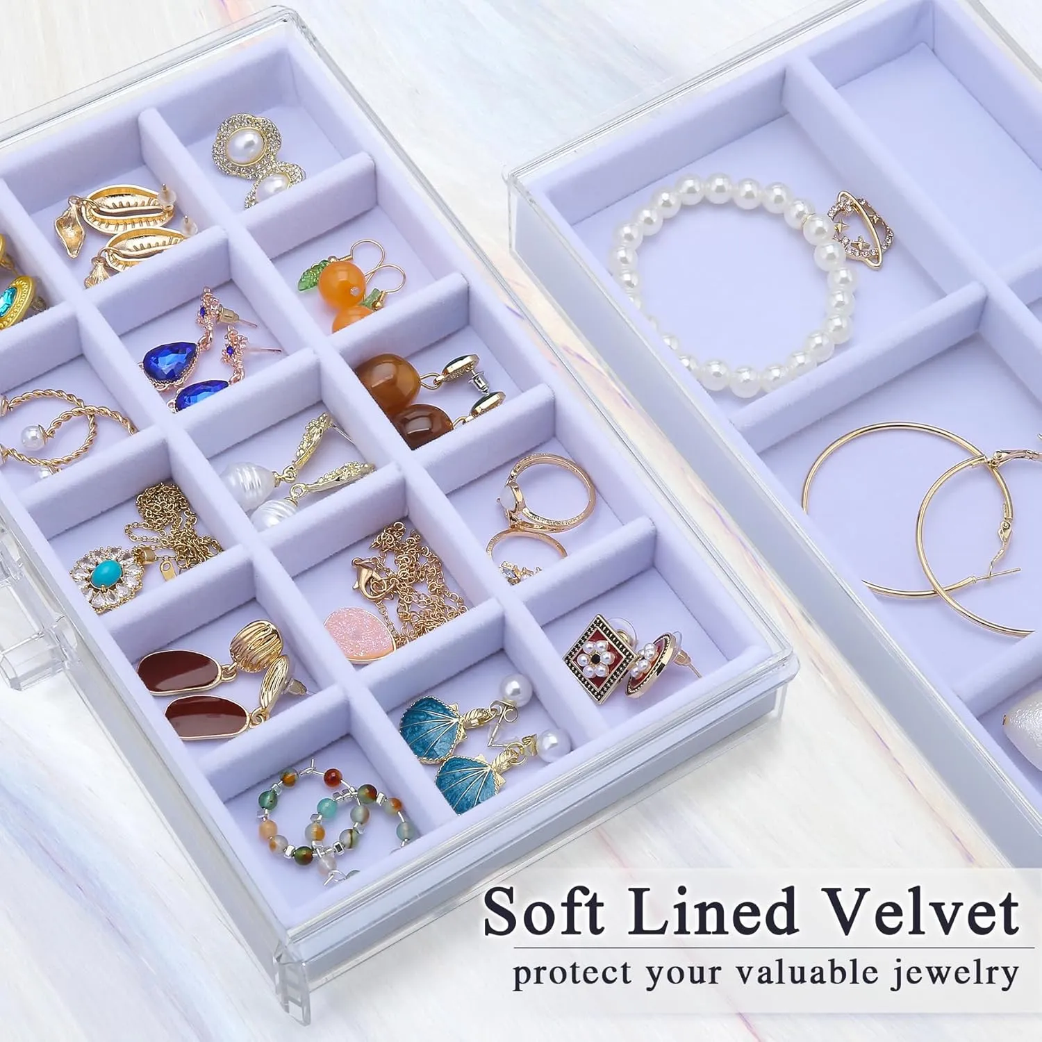 Earring Holder Organizer Box with 5 Drawers, Clear Acrylic Jewelry Organizer for Women Girls, Jewelry Storage with Stackable Jewelry Trays for Earring Ring Bracelet Necklace, White