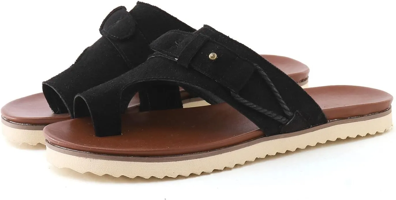 Eduavar Sandals for Women Casual Summer Orthopedic Correction Leather Ring Toe Sandals Solid/Leopard Print Flat Flip Flops