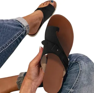 Eduavar Sandals for Women Casual Summer Orthopedic Correction Leather Ring Toe Sandals Solid/Leopard Print Flat Flip Flops