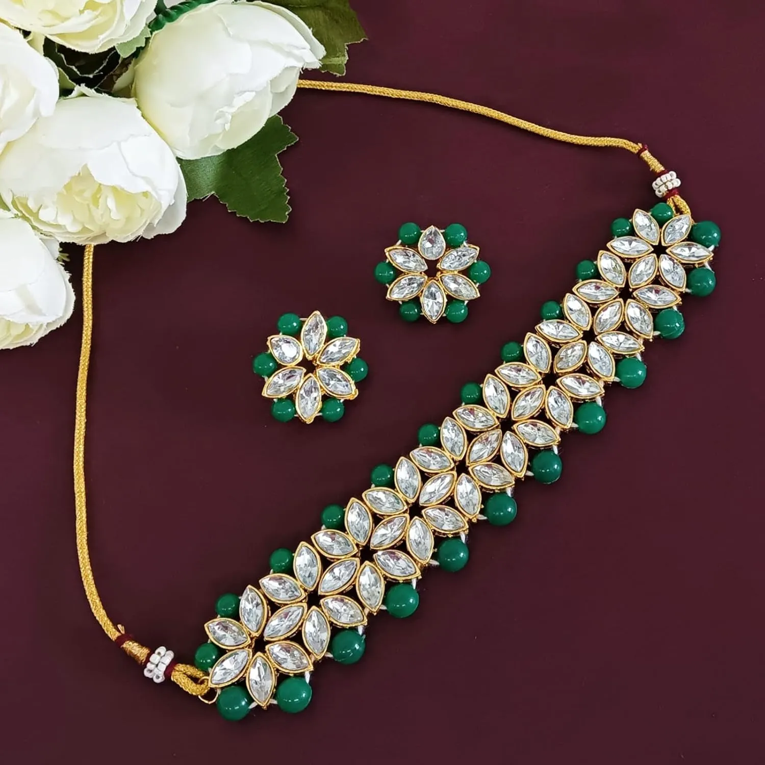 Efulgenz Faux Pearl Choker Indian Jewelry Sets for Women Crystal Kundan Pearl Necklace Set Beaded Faux Pearl Necklace Earrings Bollywood Fashion Jewelry Wedding Bridal Jewelry Set