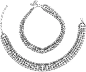 Efulgenz Oxidized Indian Jewelry - Anklets & Bracelet Pair for Women - Boho Oxidized Crystal Pearl Foot Jewelry