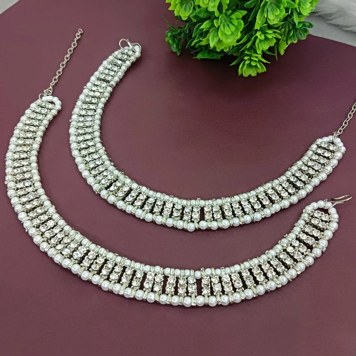Efulgenz Oxidized Indian Jewelry - Anklets & Bracelet Pair for Women - Boho Oxidized Crystal Pearl Foot Jewelry