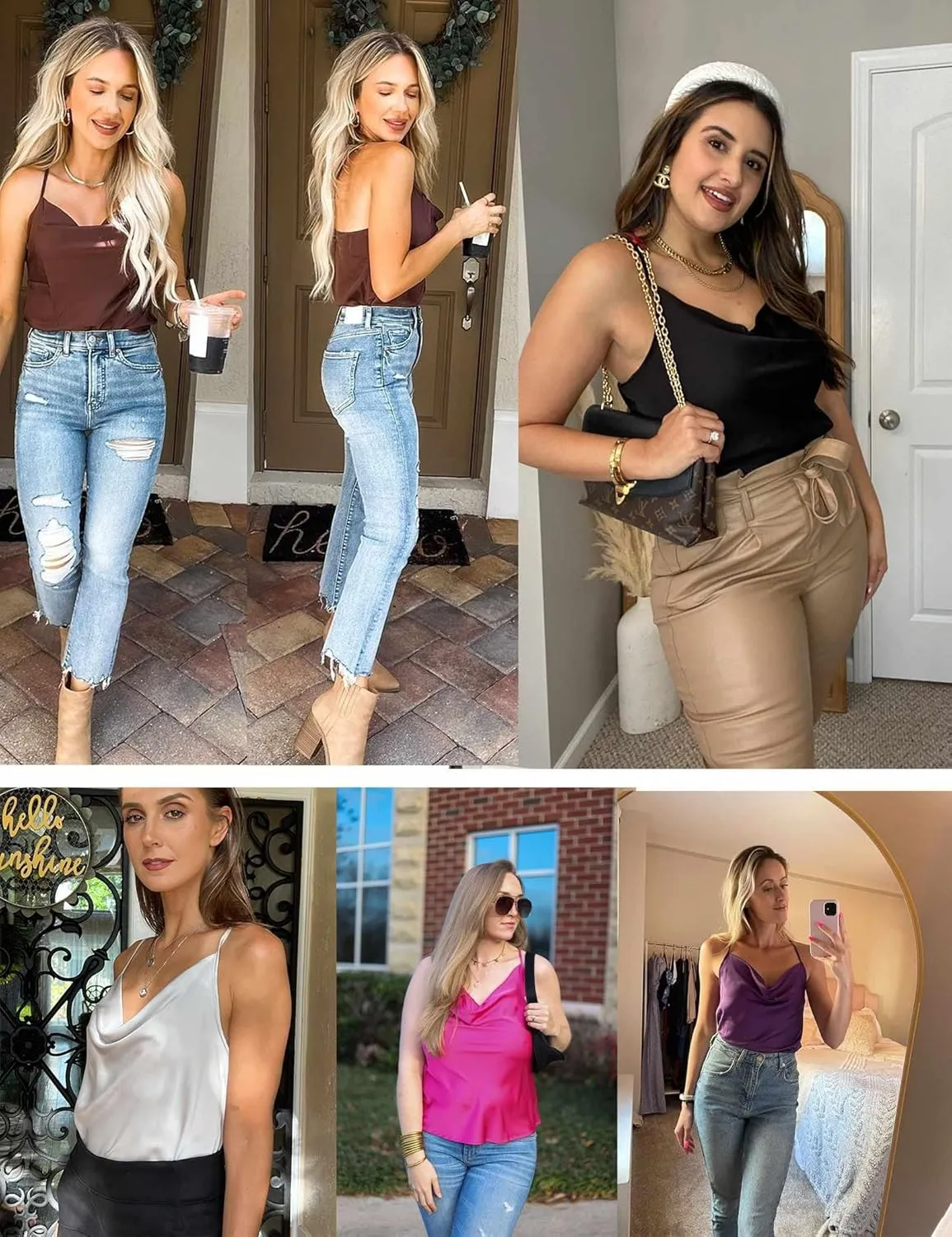 Ekouaer Satin Cowl Neck Tank Top Women Camisole Silky Loose Sleeveless Basic Blouse Ladies Satin Tank Shirt