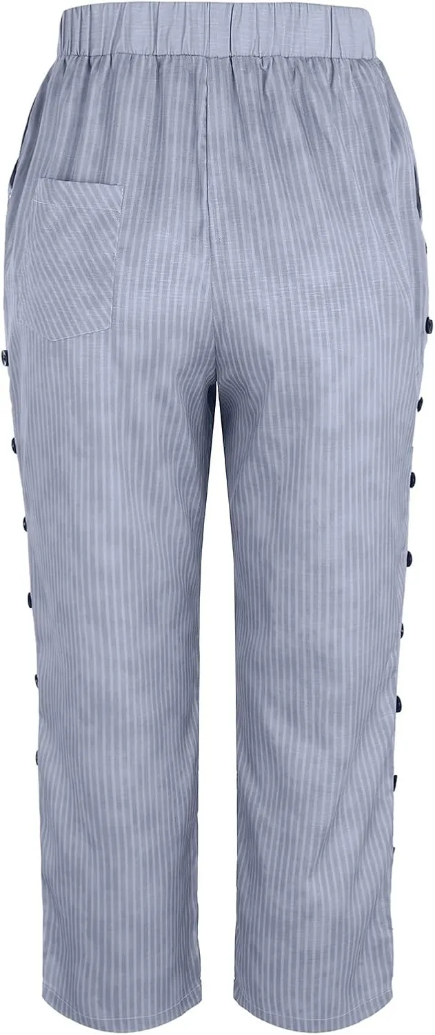 Elastic High Waist Trousers with Pockets Women Lightweightcotton Linen Capris Pants Casual Side Button Cropped Pants