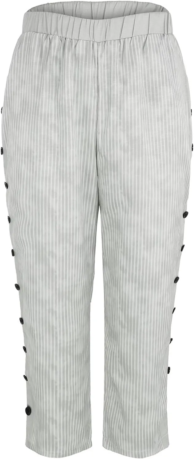 Elastic High Waist Trousers with Pockets Women Lightweightcotton Linen Capris Pants Casual Side Button Cropped Pants