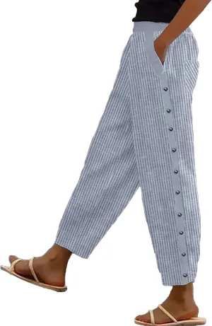 Elastic High Waist Trousers with Pockets Women Lightweightcotton Linen Capris Pants Casual Side Button Cropped Pants