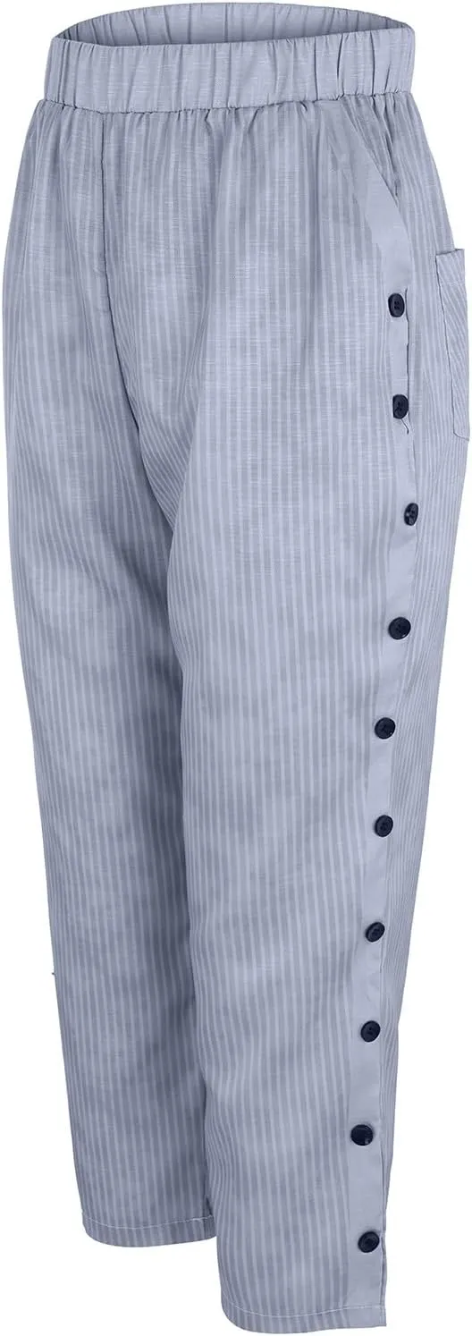 Elastic High Waist Trousers with Pockets Women Lightweightcotton Linen Capris Pants Casual Side Button Cropped Pants