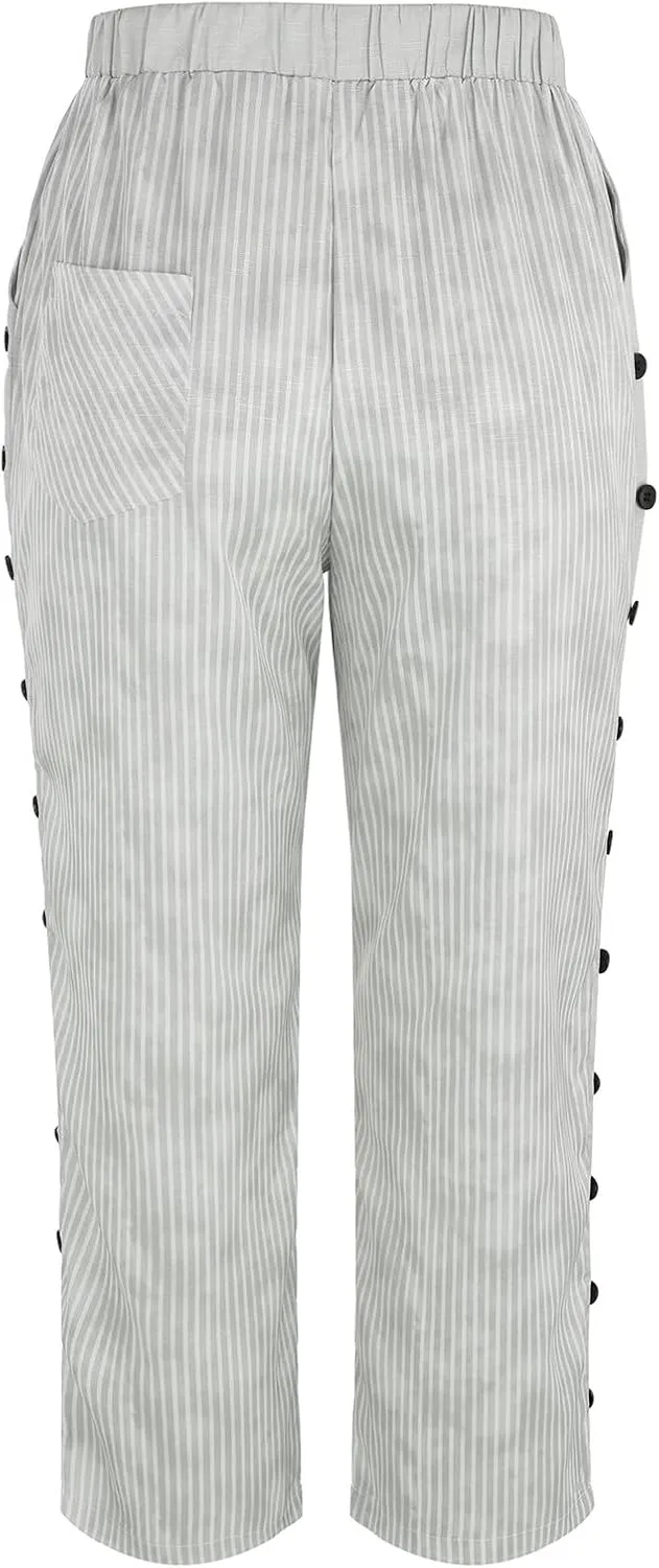 Elastic High Waist Trousers with Pockets Women Lightweightcotton Linen Capris Pants Casual Side Button Cropped Pants