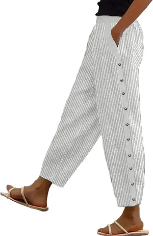 Elastic High Waist Trousers with Pockets Women Lightweightcotton Linen Capris Pants Casual Side Button Cropped Pants
