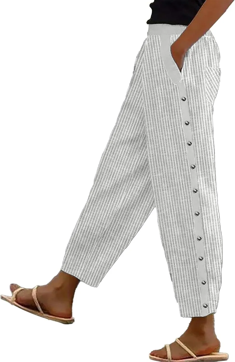 Elastic High Waist Trousers with Pockets Women Lightweightcotton Linen Capris Pants Casual Side Button Cropped Pants