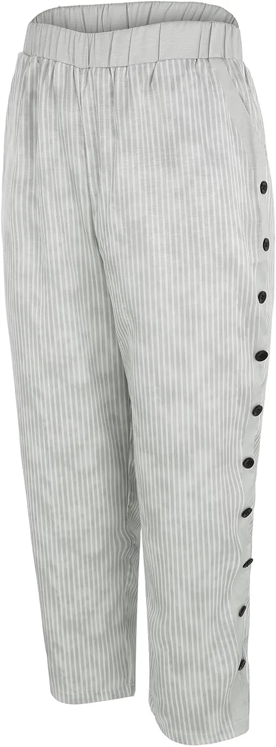 Elastic High Waist Trousers with Pockets Women Lightweightcotton Linen Capris Pants Casual Side Button Cropped Pants