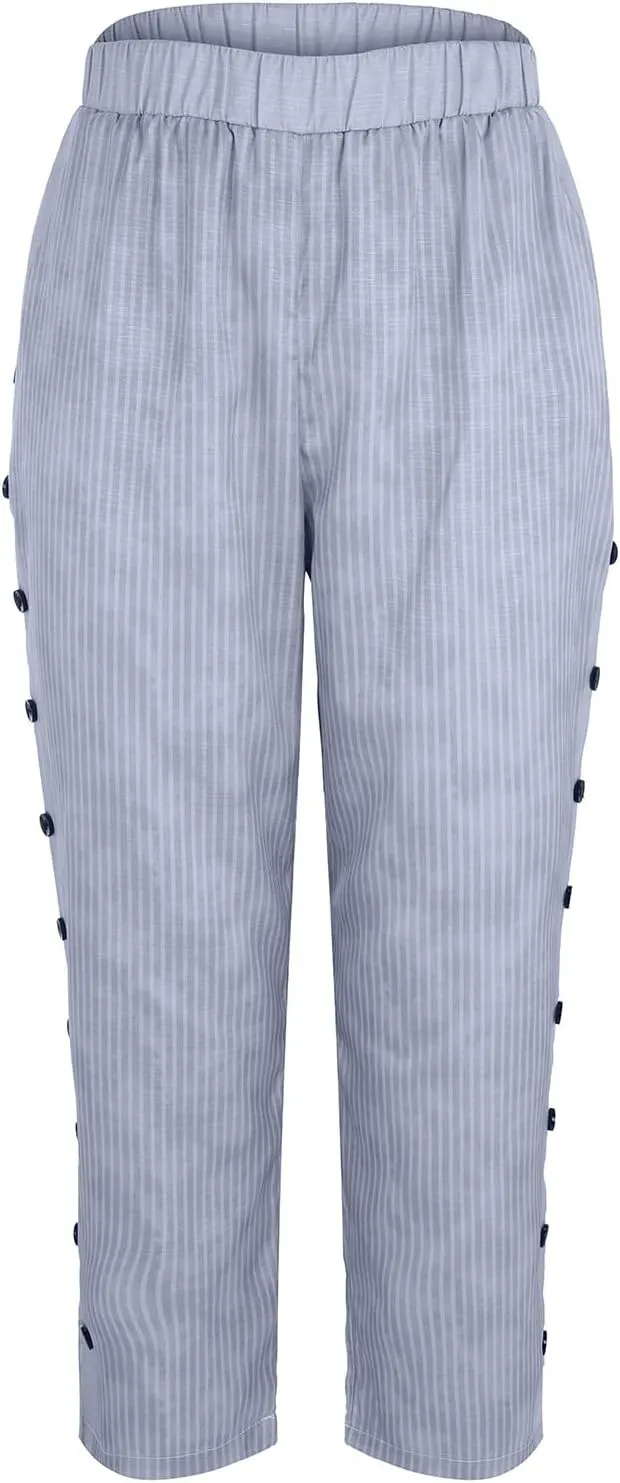 Elastic High Waist Trousers with Pockets Women Lightweightcotton Linen Capris Pants Casual Side Button Cropped Pants