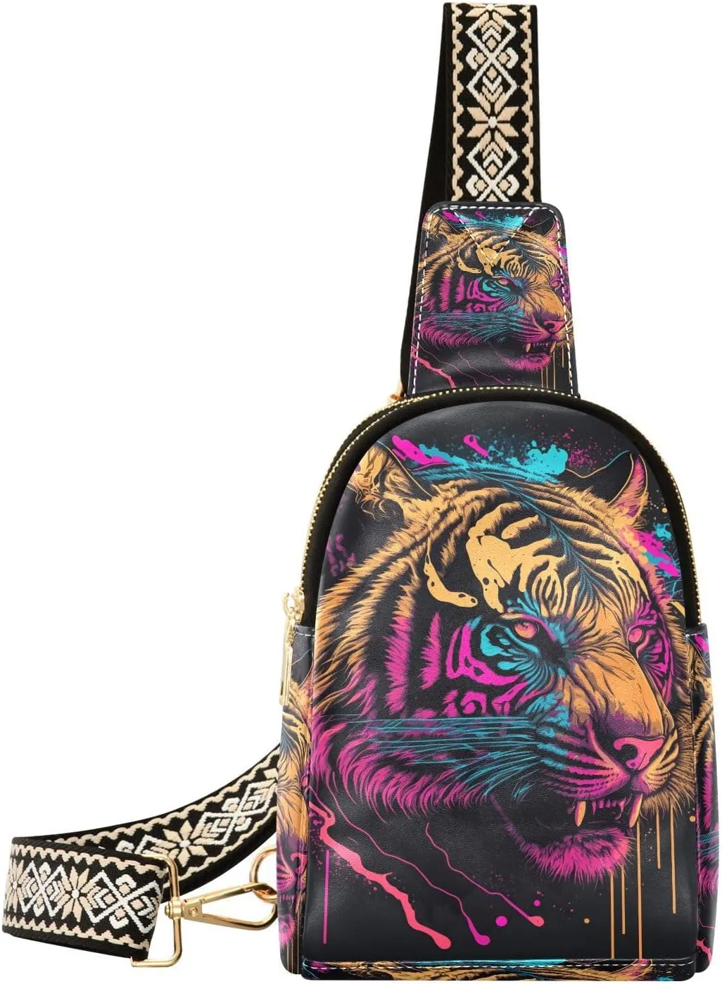 Embroidery Colorful Tiger Head Fanny Pack Crossbody PC Leather Small Sling Bag for Women Fashion Waist Packs Chest Bag for Travel Sports Running Hiking