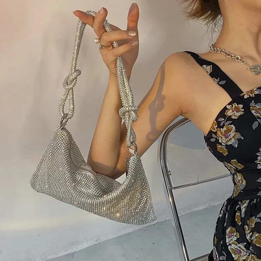 Evening Clutch Bag Silver Shiny Crystal Dinner Party Wedding Purses and Handbag Luxury Designer Shoulder Bags