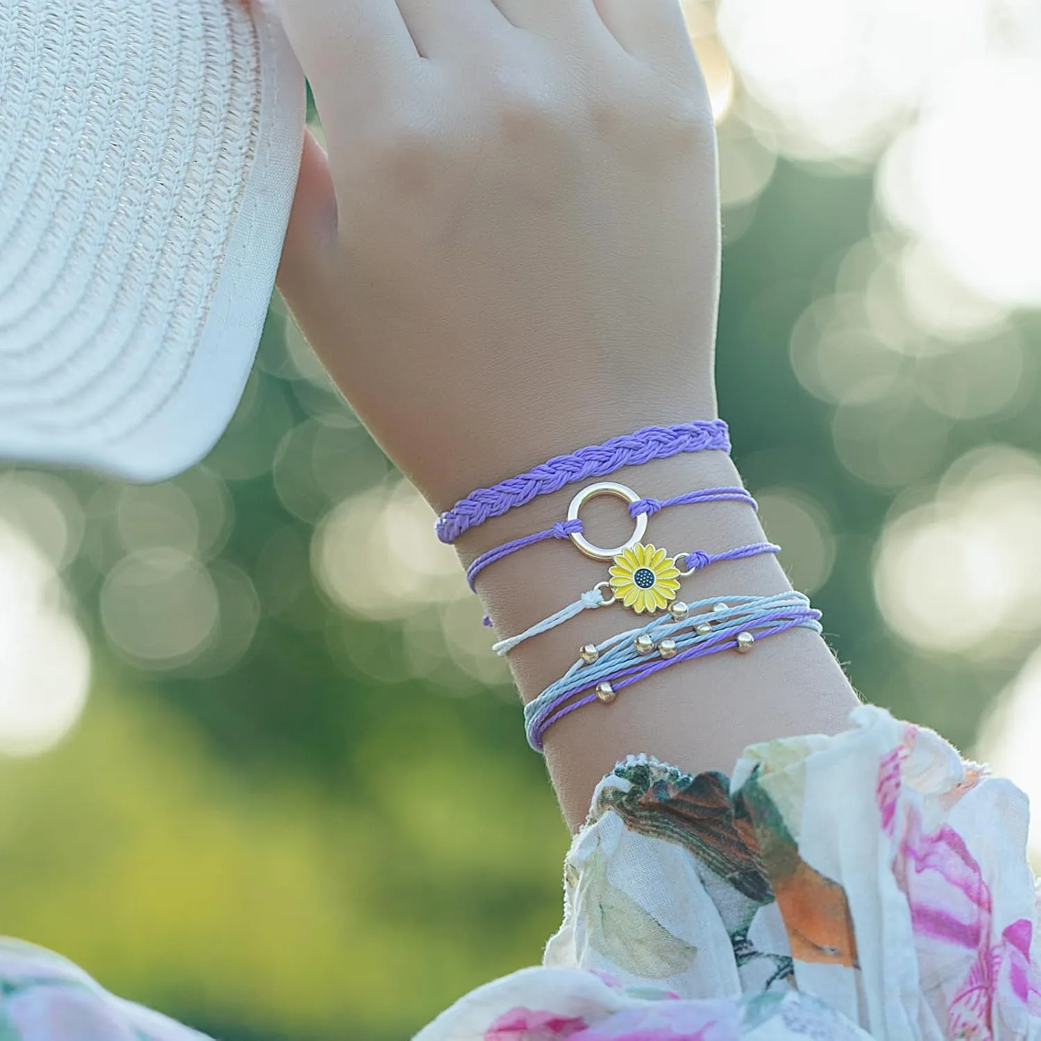 FANCY SHINY Sunflower String Bracelet Handmade Braided Rope Charms Boho Surfer Bracelet for Women Easter Gifts