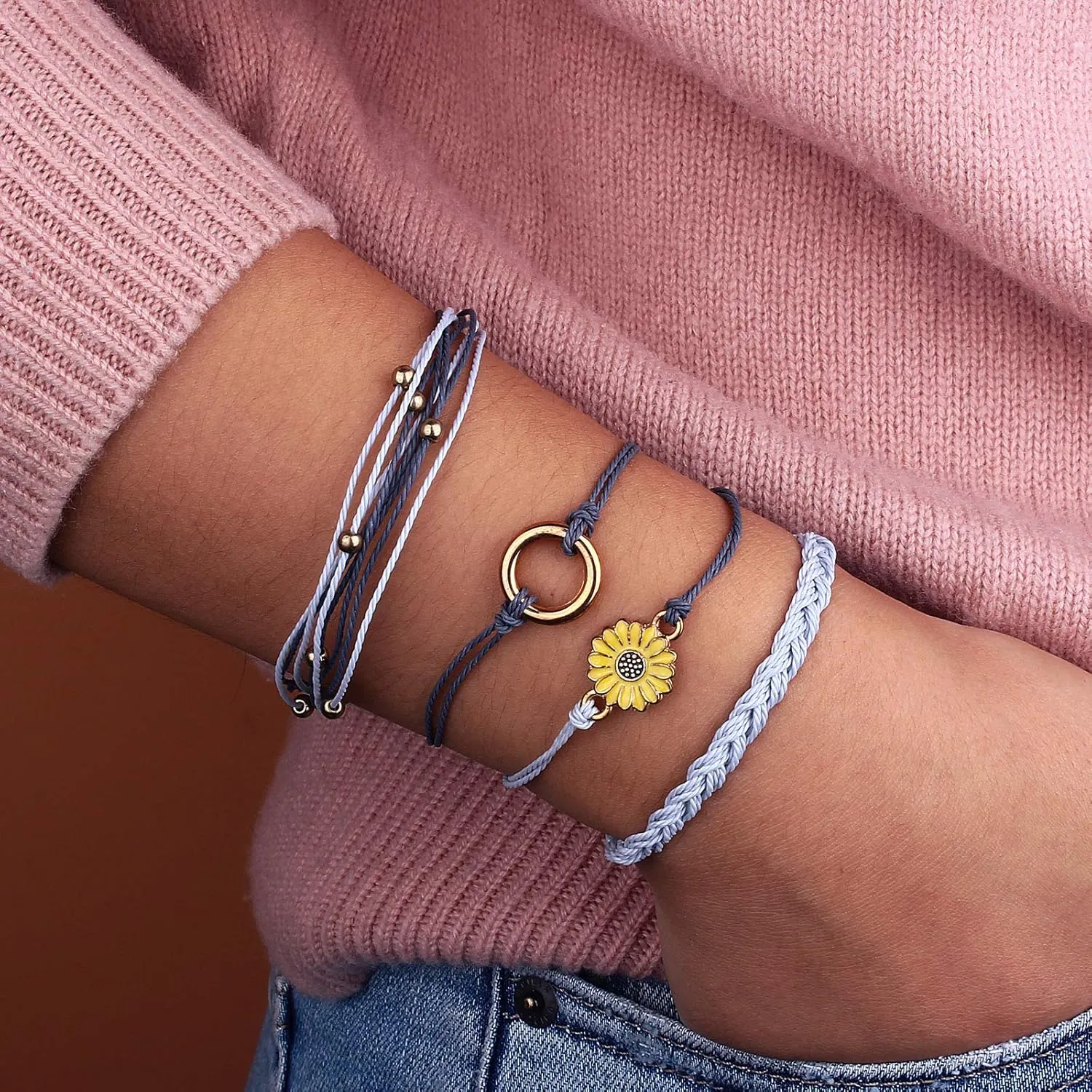 FANCY SHINY Sunflower String Bracelet Handmade Braided Rope Charms Boho Surfer Bracelet for Women Easter Gifts