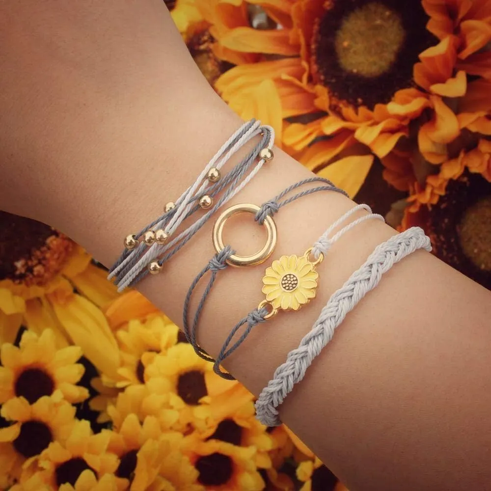 FANCY SHINY Sunflower String Bracelet Handmade Braided Rope Charms Boho Surfer Bracelet for Women Easter Gifts