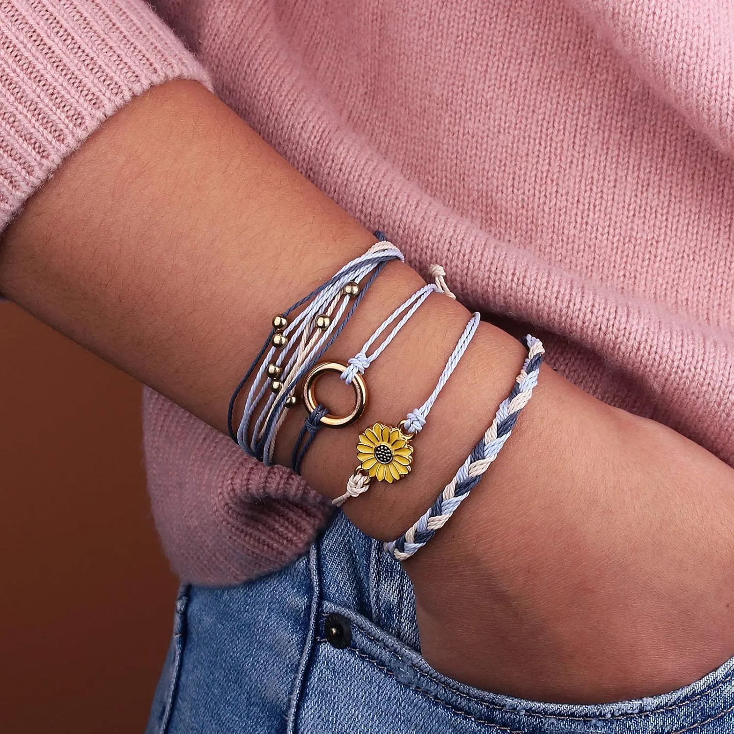 FANCY SHINY Sunflower String Bracelet Handmade Braided Rope Charms Boho Surfer Bracelet for Women Easter Gifts