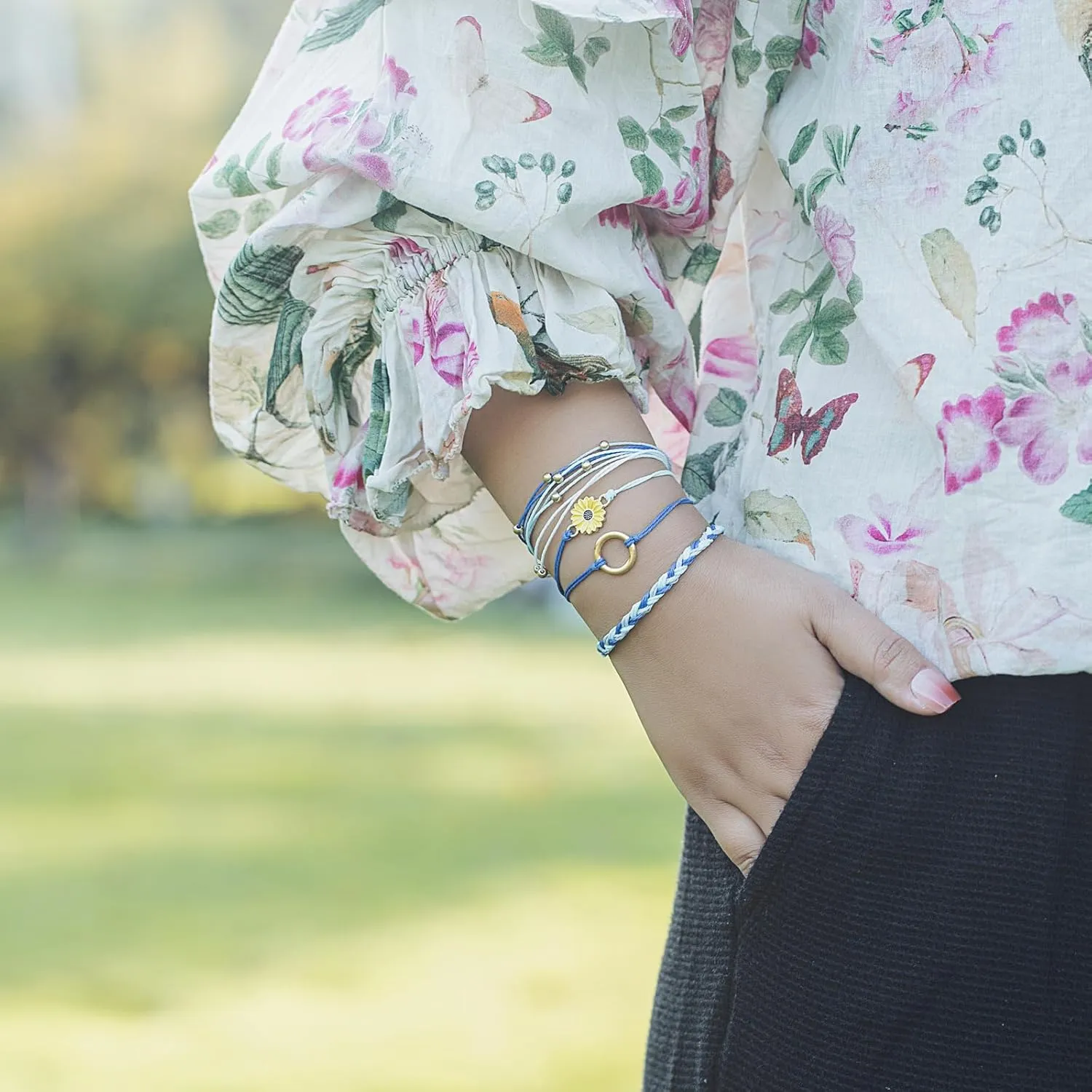 FANCY SHINY Sunflower String Bracelet Handmade Braided Rope Charms Boho Surfer Bracelet for Women Easter Gifts