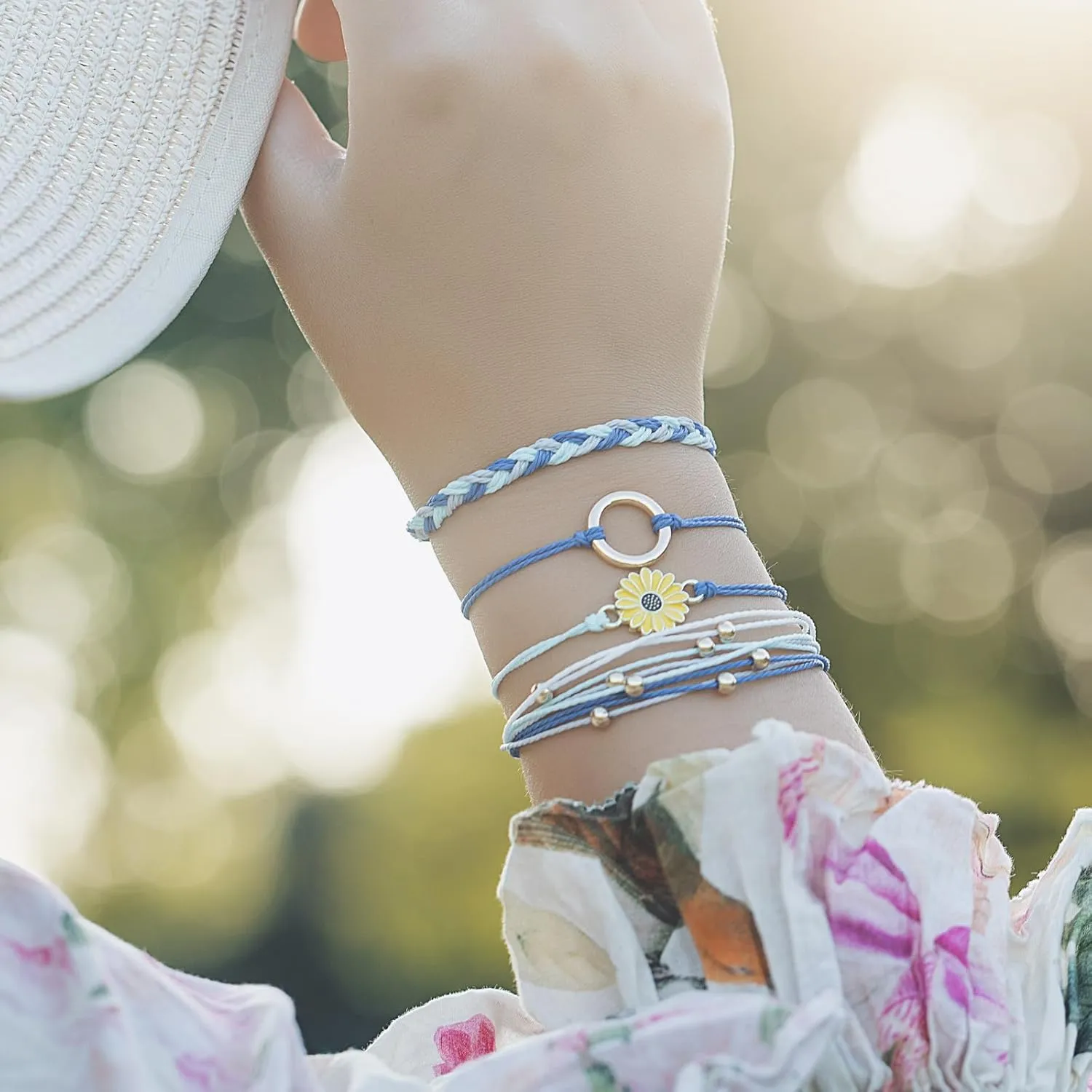 FANCY SHINY Sunflower String Bracelet Handmade Braided Rope Charms Boho Surfer Bracelet for Women Easter Gifts