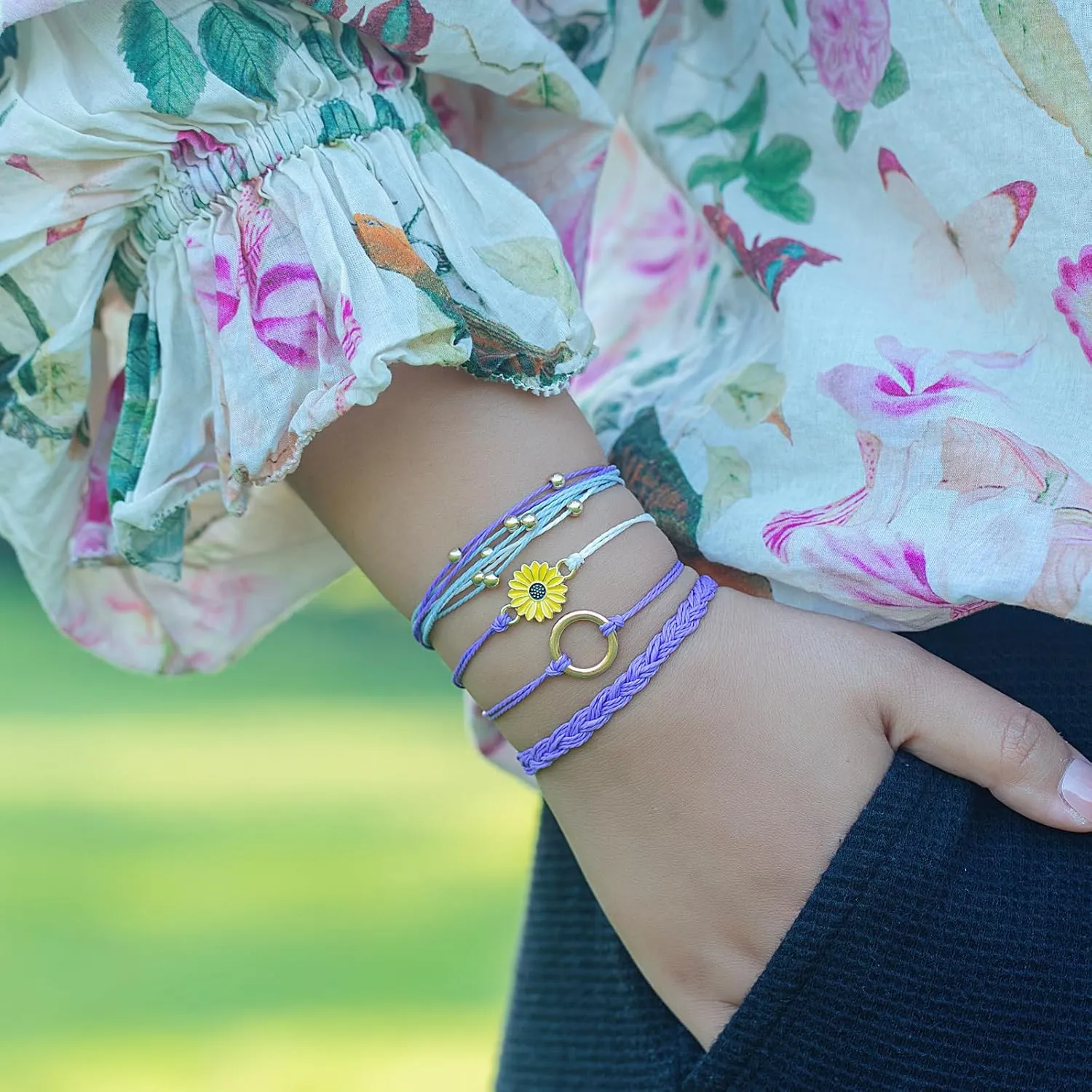 FANCY SHINY Sunflower String Bracelet Handmade Braided Rope Charms Boho Surfer Bracelet for Women Easter Gifts