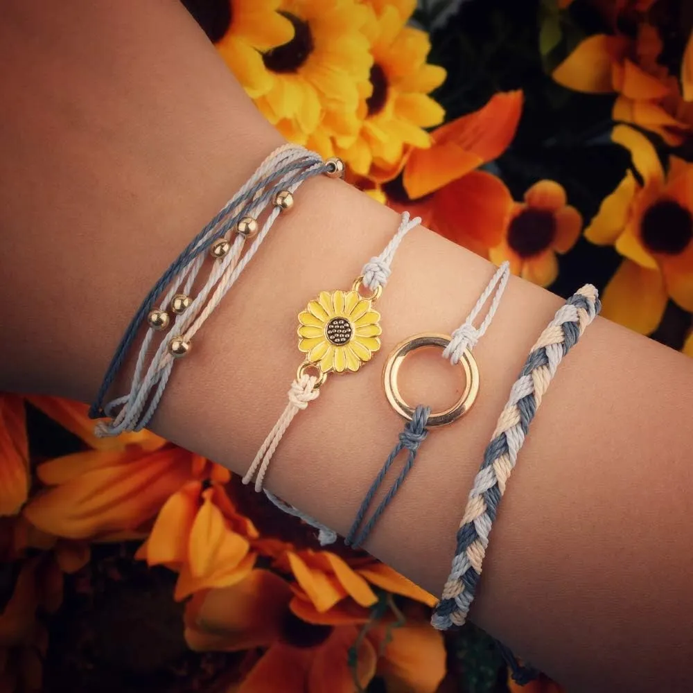 FANCY SHINY Sunflower String Bracelet Handmade Braided Rope Charms Boho Surfer Bracelet for Women Easter Gifts