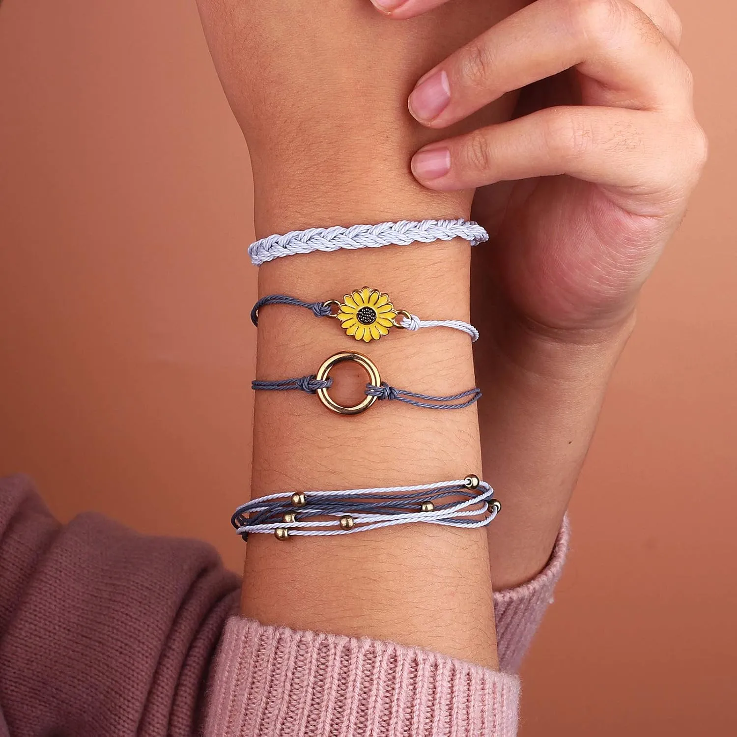 FANCY SHINY Sunflower String Bracelet Handmade Braided Rope Charms Boho Surfer Bracelet for Women Easter Gifts