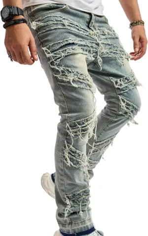 FantasyGears Mens Stacked Ripped Jeans Y2k Distressed Denim Pants Skinny Slim Fit Stretch Biker Jeans