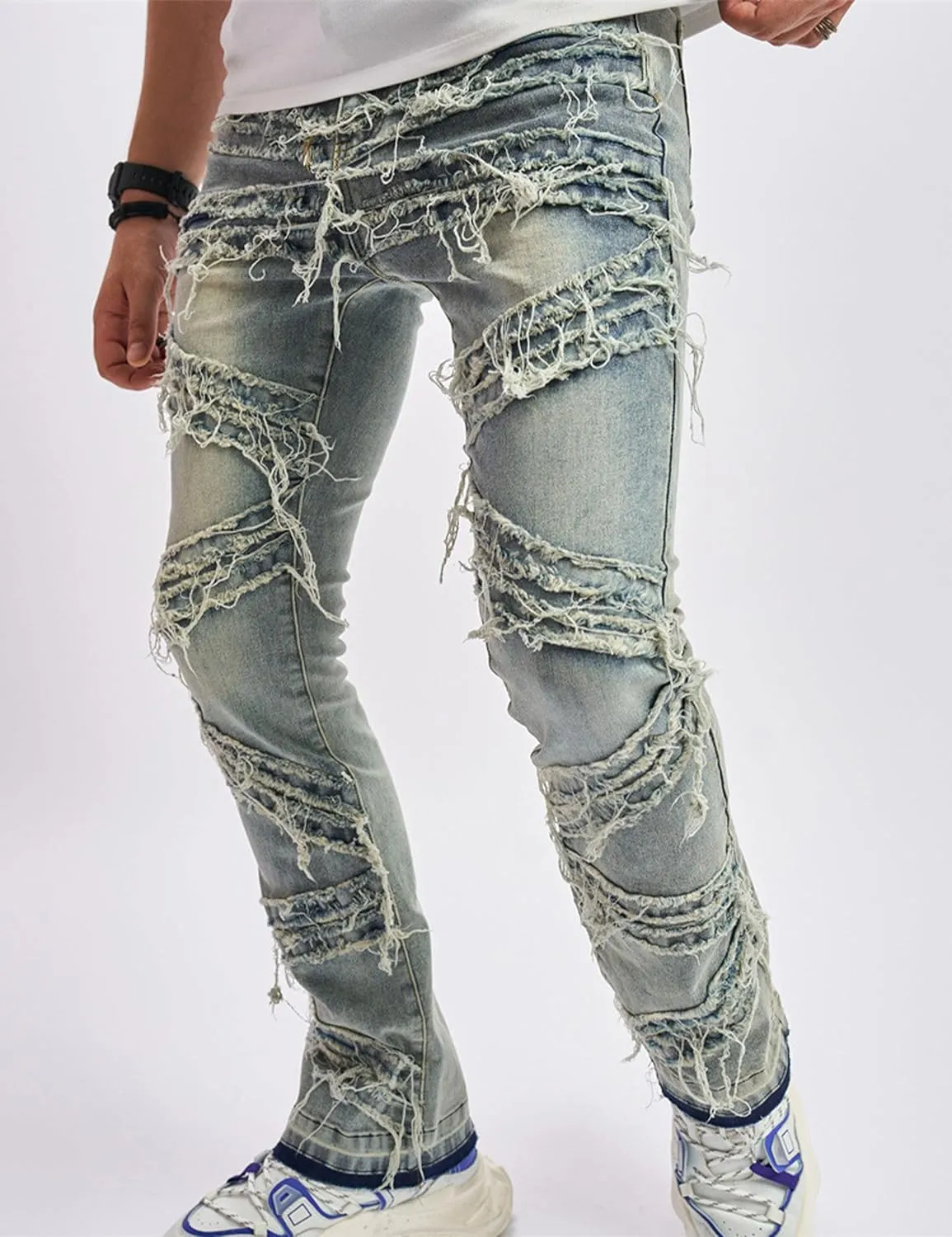 FantasyGears Mens Stacked Ripped Jeans Y2k Distressed Denim Pants Skinny Slim Fit Stretch Biker Jeans