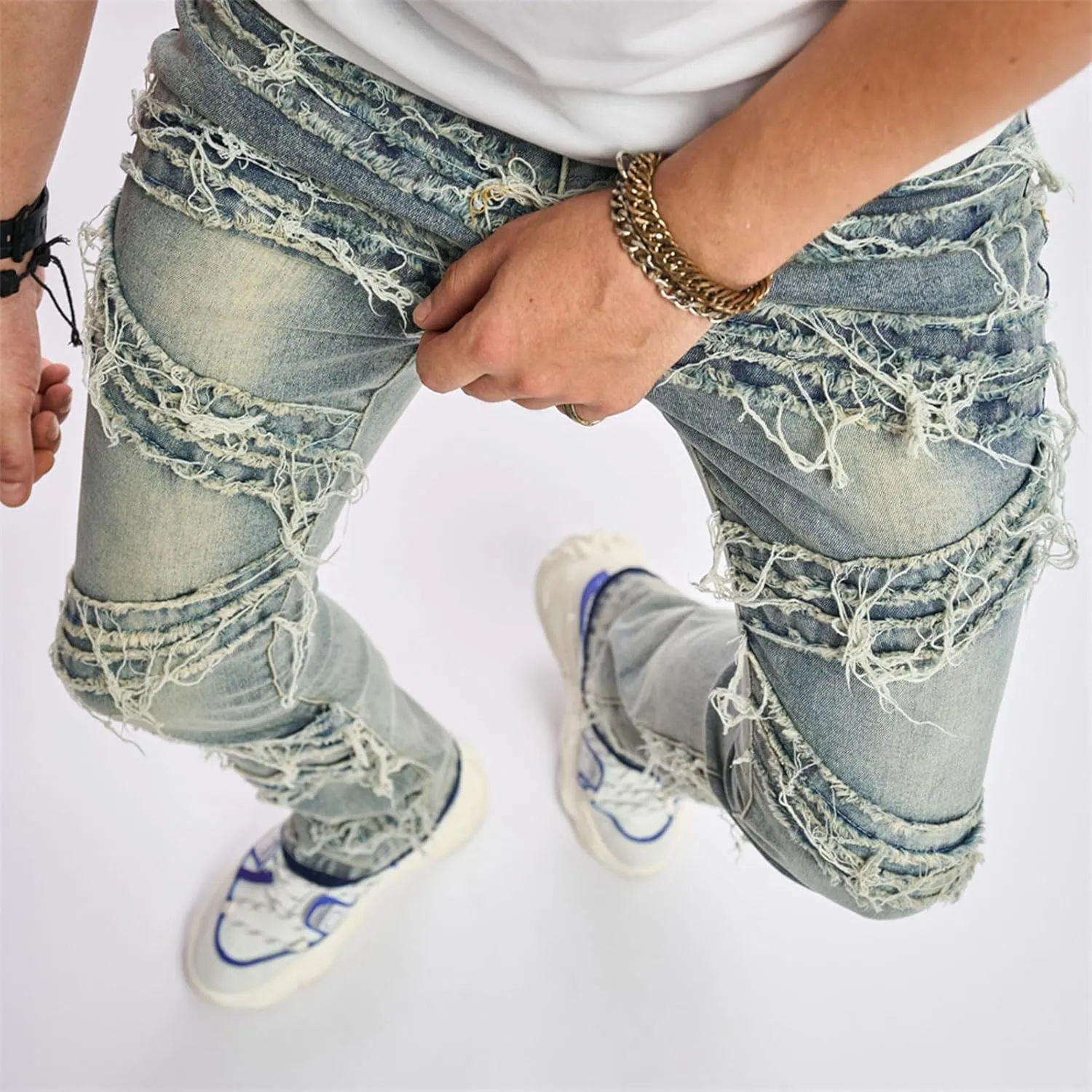 FantasyGears Mens Stacked Ripped Jeans Y2k Distressed Denim Pants Skinny Slim Fit Stretch Biker Jeans