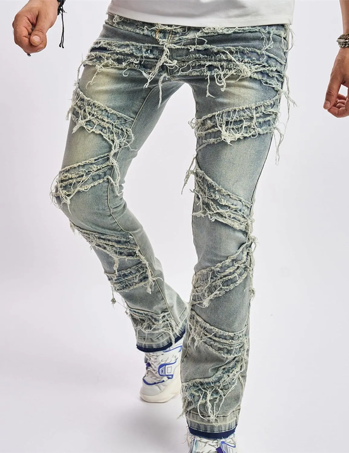 FantasyGears Mens Stacked Ripped Jeans Y2k Distressed Denim Pants Skinny Slim Fit Stretch Biker Jeans