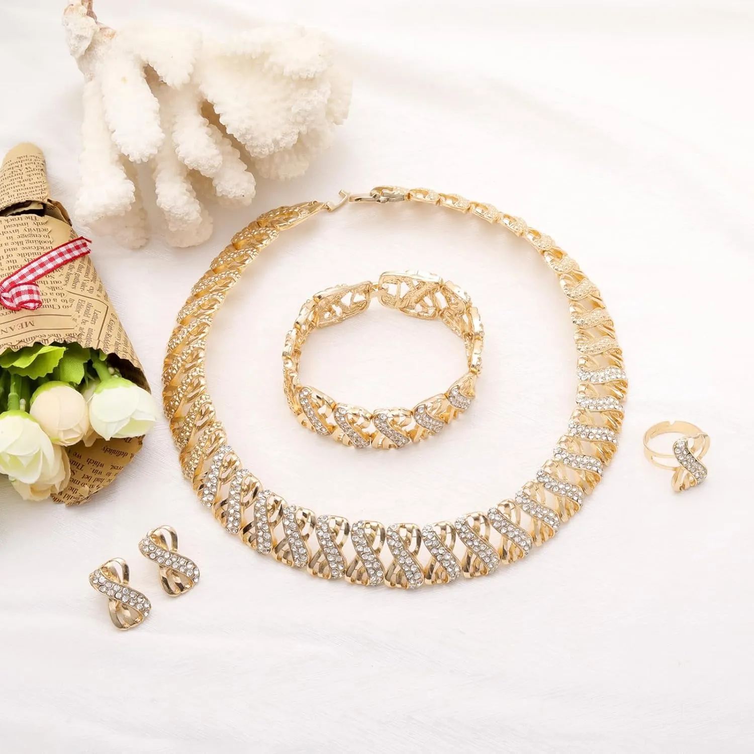 Fashion Crystal Jewelry Set 18 K Gold Plated Jewelry Weddings Dubai Gold Necklace Earrings Set
