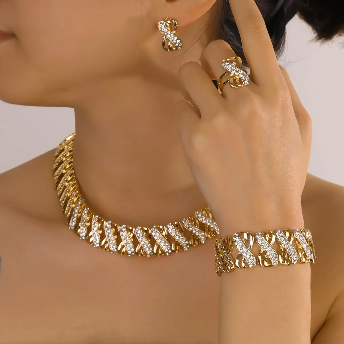 Fashion Crystal Jewelry Set 18 K Gold Plated Jewelry Weddings Dubai Gold Necklace Earrings Set