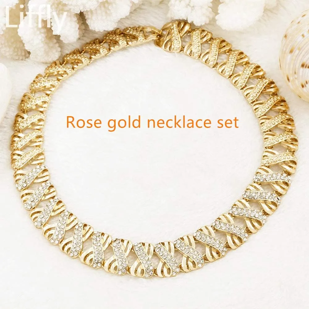 Fashion Crystal Jewelry Set 18 K Gold Plated Jewelry Weddings Dubai Gold Necklace Earrings Set