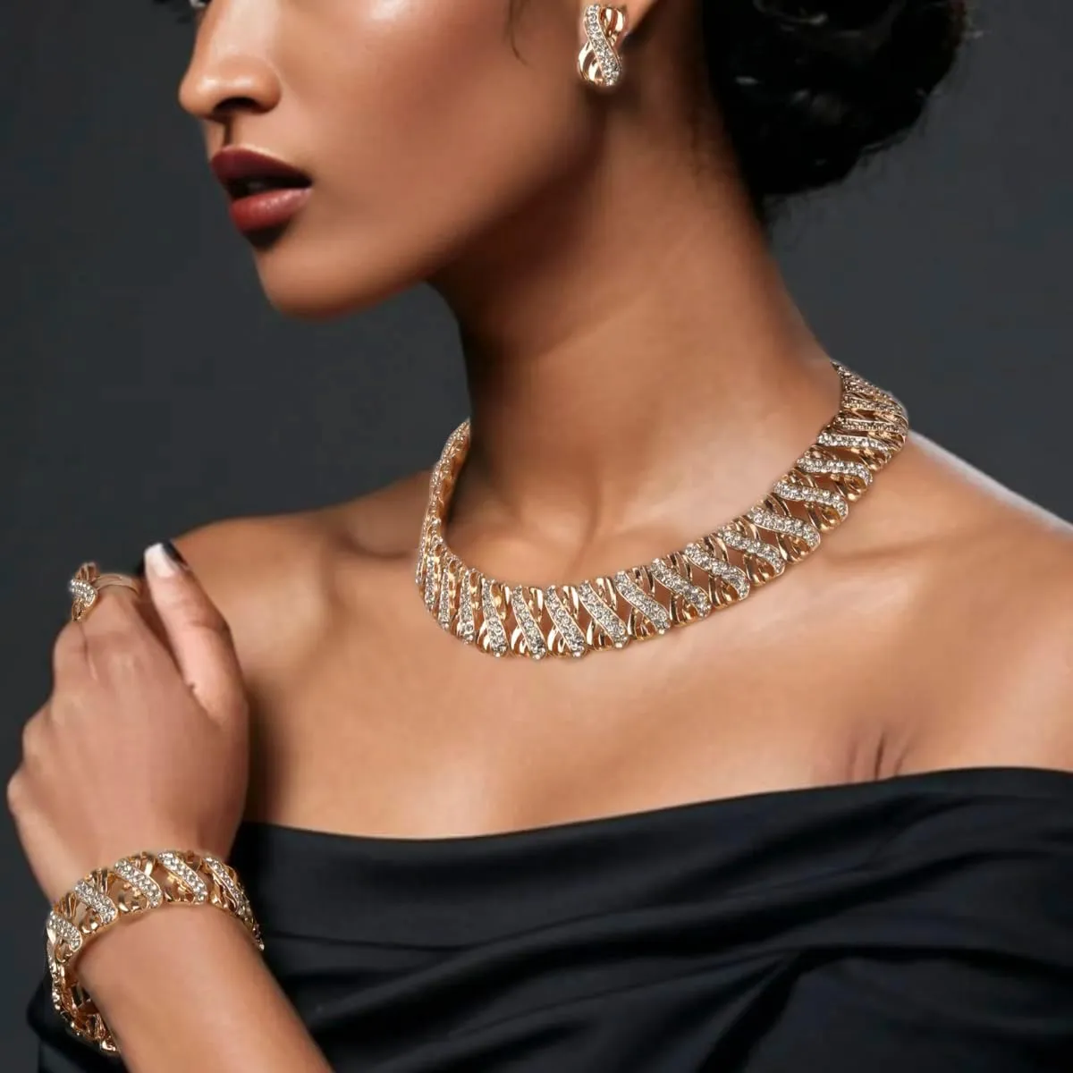 Fashion Crystal Jewelry Set 18 K Gold Plated Jewelry Weddings Dubai Gold Necklace Earrings Set
