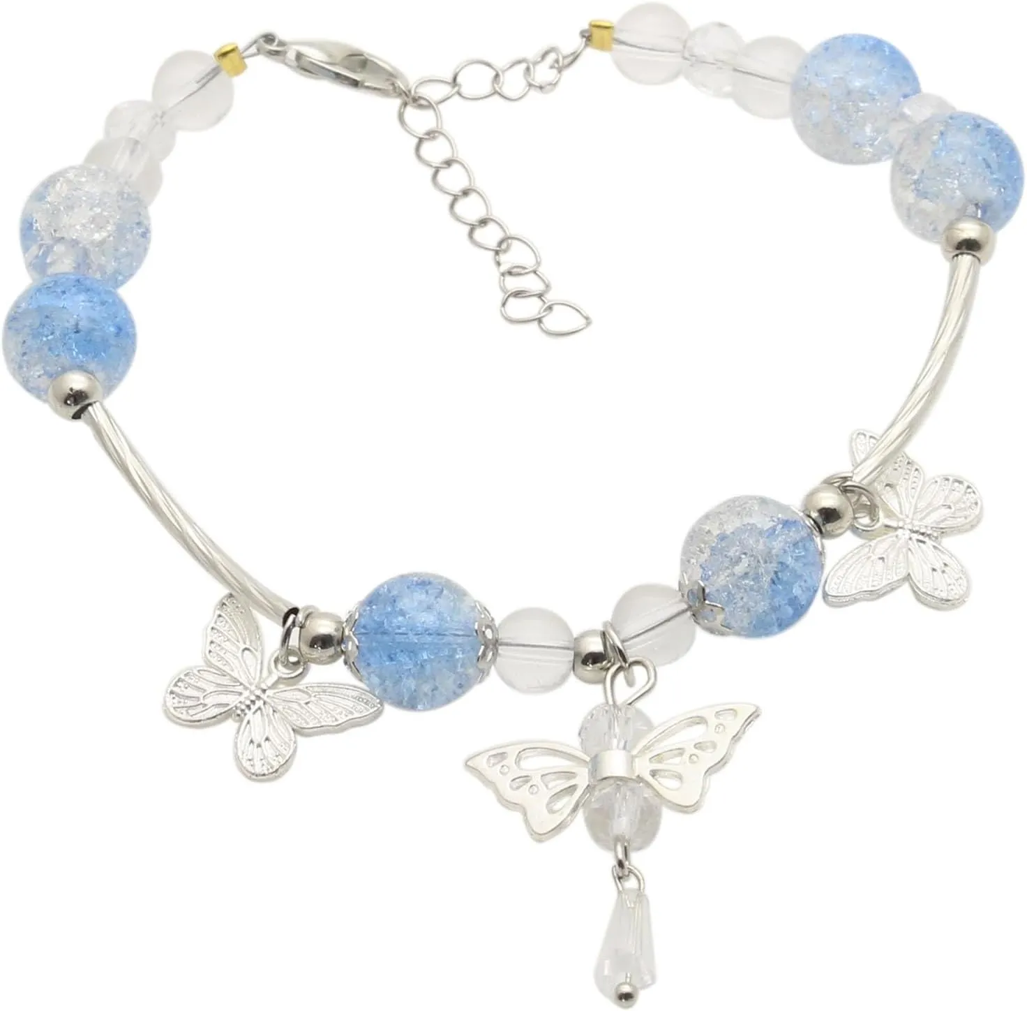 Fashion Glass Bead Bracelet Alloy Butterfly Charm Adjustable Link Bracelet